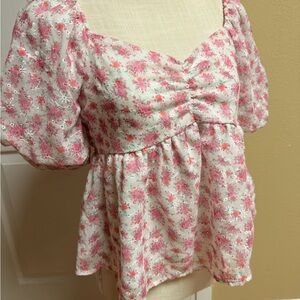 Altar'd State Pink and White Floral Puff-Sleeve Babydoll Top
